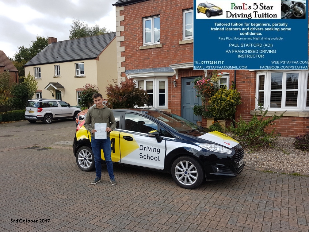 First time test pass pupil keelan with paul;s 5 star driving tuition